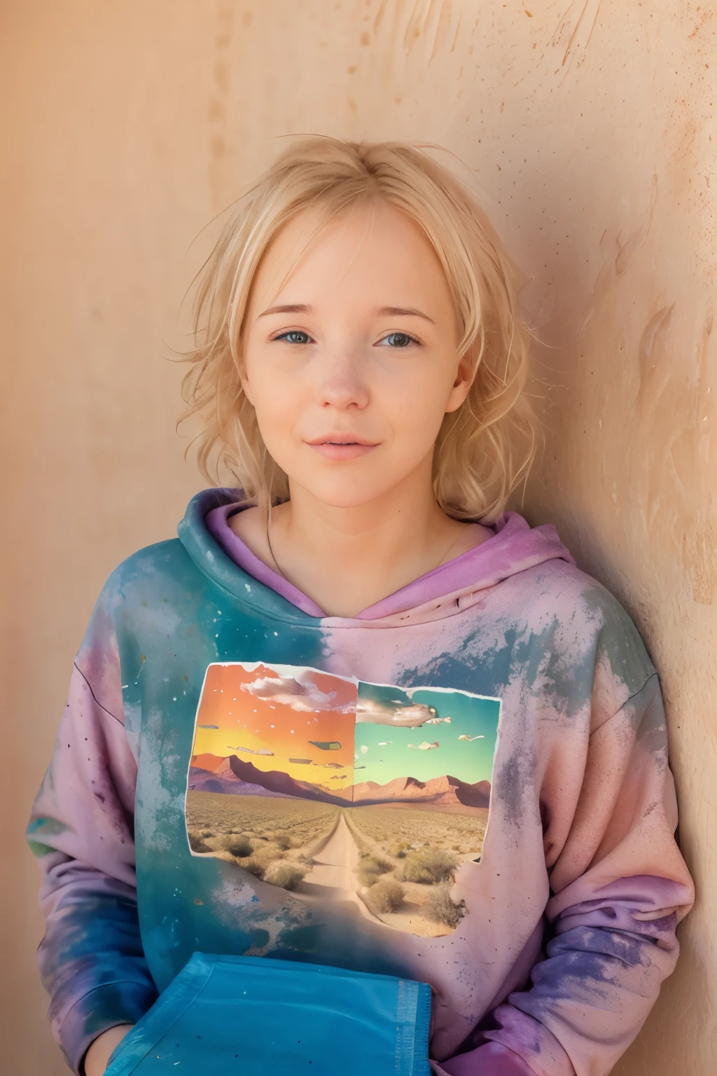 Beautiful American college student, wearing sweatshirt, (standing at the New Mexico deserts), gazing at viewer, Festival Holi Color, portraite, Hyper detailed POV, por Lee Jeffries, Nikon D850, film stock photography ,4 Kodak Portra 400 ,f1 camera.6 lenses ,rich colors ,hyperrealisti ,realistic texture, dramatic lighting , Cinemastill 800,