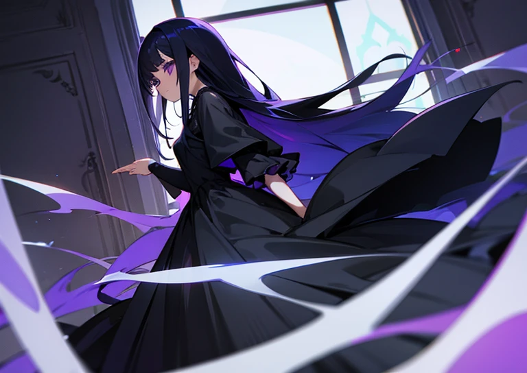 cute woman black dress purple eyes long dark blue hair window