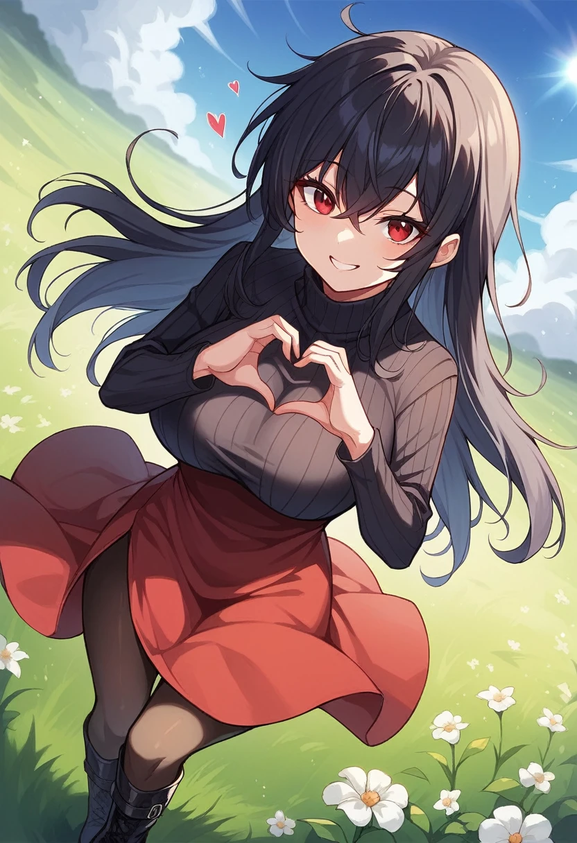 Score_9, Score_8_up, source_anime BREAK solo, 1girl, looking at viewer, cowboy shot, with black hair, messy hair, long hair, red eyes, dark circles bangs, hair between eyes, red dress, turtleneck, black pantyhose, long sleeves, black sweater, knee-high boots, black shoes, middle fingers, heart hands, curves, big breasts, smile,
outdoor, grass, wind, sunlight, blue sky, dutch angle, flower field,