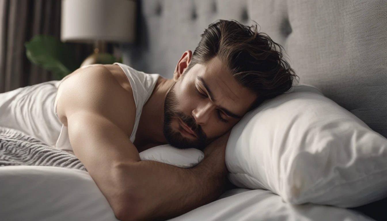 A man laying on bed, head on pillow, realistic side profile photoshoot, 8K, perfect anatomy, hyper realism