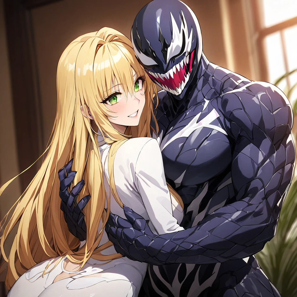 ((Highest quality)), ((masterpiece)), (detailed), （Perfect Face）、The woman is Tiare, a blonde with medium-long hair and green eyes.、The woman is wearing a wedding Venom suit and a wedding Venom mask, and is happily embracing the Venom man as they get married.、Venom man holding a woman