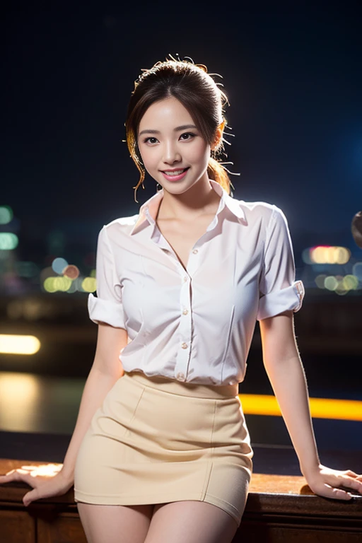 (a gorgeous lady, age 22, Formal Office Lady, white shirt and mini-skirt, natural pose under night sky, dimpled smile, short ponytail, cute snaggletooth, ample round bosom, photorealistic, beautiful detailed eyes, beautiful detailed face, hyper-realism, high contrast, ultra HD, realistic skin textures, top image quality, top-quality, super high resolution, fine details, very meticulously, the Cowboy shot, bokeh background)