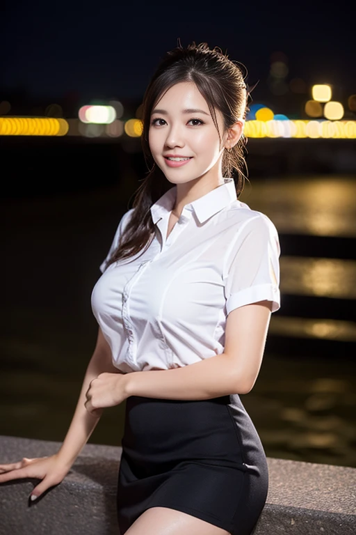 (a gorgeous lady, age 22, Formal Office Lady, white shirt and mini-skirt, natural pose under night sky, dimpled smile, short ponytail, cute snaggletooth, ample round bosom, photorealistic, beautiful detailed eyes, beautiful detailed face, hyper-realism, high contrast, ultra HD, realistic skin textures, top image quality, top-quality, super high resolution, fine details, very meticulously, the Cowboy shot, bokeh background)