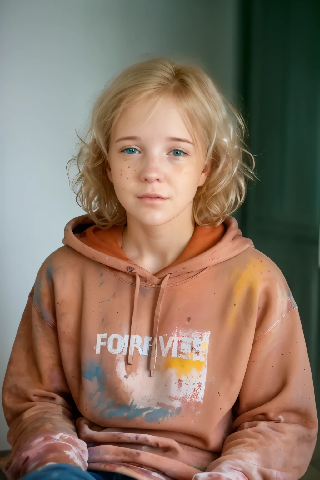 Beautiful American college student, wearing sweatshirt, gazing at viewer, Festival Holi Color, portraite, Hyper detailed POV, por Lee Jeffries, Nikon D850, film stock photography ,4 Kodak Portra 400 ,f1 camera.6 lenses ,rich colors ,hyperrealisti ,realistic texture, dramatic lighting , Cinemastill 800,