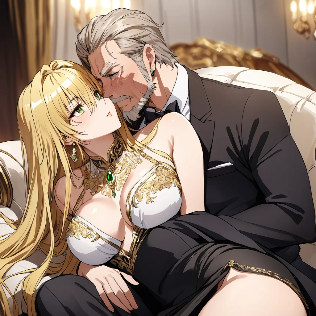 ((Highest quality)), ((masterpiece)), (detailed), （Perfect Face）、The woman is a thief with green eyes and medium-long blonde hair. She is wearing a luxurious black skirt-type suit with gold embroidery and trim, a luxurious and elegant white blouse with frills, jeweled earrings, and an engagement ring.、The woman is embraced by the man on a luxurious sofa in a luxurious room, the couple are kissing and cuddling in love、The man is a dignified, bearded old man, extremely wealthy, wearing an expensive suit with lavish gold embroidery and trim, and wearing an engagement ring.