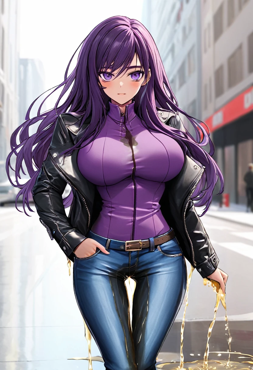 (masterpiece:1.37), best quality, (extremely detailed:1.37), woman, (very long hair:1.5), dark purple hair, purple eyes, (extremely detailed eyes:1.37), (wetting self:1.75), large breasts, stylish jacket, multicolored jackt, jeans, cleavage, navel, city, high-tech, street