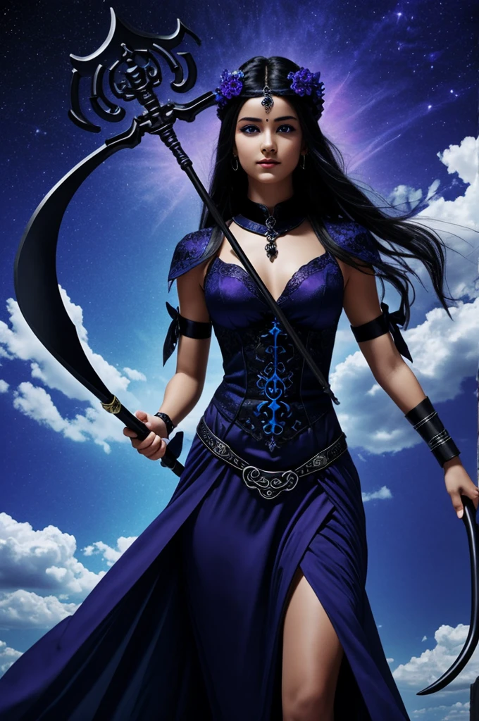 a blue purple and black deity-like girl holding a dark blue and purple scythe while levitating through the sky