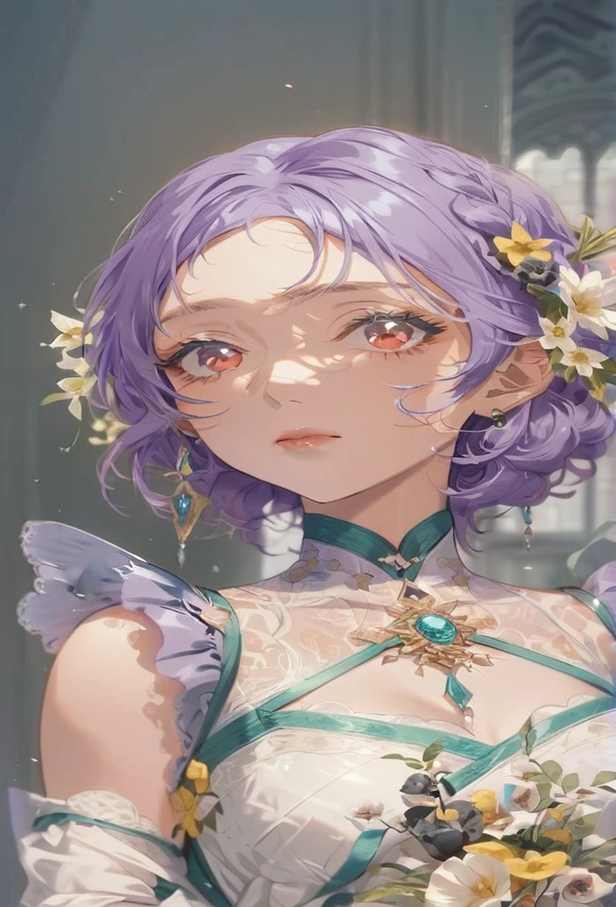 (fantasy-style:1.3), floral background, romance manhwa, 1girl, blonde hair, solo, long hair, flower, dress, tiara, white dress, gloves, long sleeves, choker, red eyes, white gloves, black bow, black flower, wavy hair, bow, jewelry, looking at viewer, white background, collarbone, puffy sleeves, silver accessories, upper body, parted bangs, very long hair, red dress, frills, bangs, closed mouth, (close up),