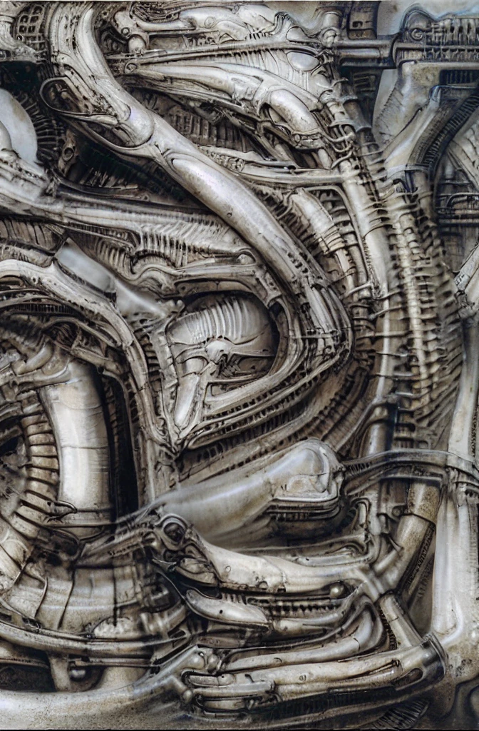 g1g3r, The image is a detailed view of H.R. Giger's \" Biomechanical Landscape No 312 \" plate, featuring a complex network of bones and organs in a purple-brown hue ,swirling gray and brown colors. The image is a 3D rendering of a complex, intricate machine with numerous interconnected tubes and pipes, giving the impression of a highly advanced, futuristic technology.The artwork is silver and purplish brown, with an ivory bones prominently displayed. The image is highly detailed and intricate, almost like a 3d version of a medical diagram (detailed view of an anatomy model, possibly of a human body, with transparent organs and bones exposed). The piece has a thick mechano-organic texture and is covered in fine details. The image has a swirling, organic quality to it. The artistic manner would be unmistakably Gigeresque. A dark and unsettling beauty would permeate the piece, blurring the lines between fascination and repulsion , forever haunted by the grotesque allure. Giger's signature artistic manner would be evident in every stroke. The airbrush would be wielded with masterful precision to create a hyperrealistic yet nightmarish aesthetic.
 The texture of ivory with signs of burning and fossilization can be seen in the mix of smooth and rough brushstrokes. By Peter mohrbacher, ooze soaked pajama top
