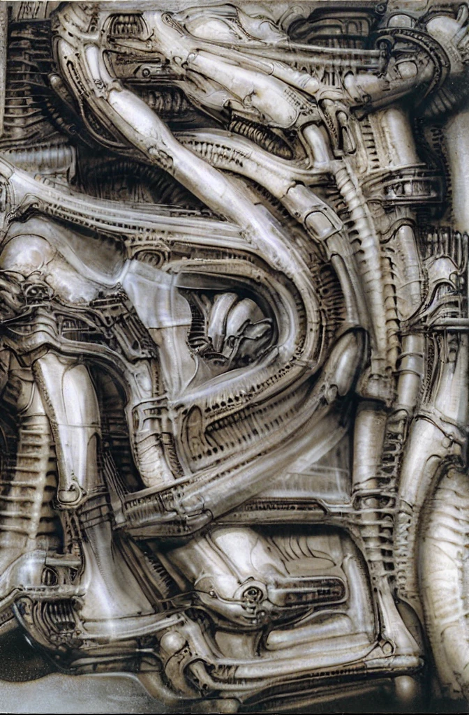 g1g3r, The image is a detailed view of H.R. Giger's \" Biomechanical Landscape No 312 \" plate, featuring a complex network of bones and organs in a purple-brown hue ,swirling gray and brown colors. The image is a 3D rendering of a complex, intricate machine with numerous interconnected tubes and pipes, giving the impression of a highly advanced, futuristic technology.The artwork is silver and purplish brown, with an ivory bones prominently displayed. The image is highly detailed and intricate, almost like a 3d version of a medical diagram (detailed view of an anatomy model, possibly of a human body, with transparent organs and bones exposed). The piece has a thick mechano-organic texture and is covered in fine details. The image has a swirling, organic quality to it. The artistic manner would be unmistakably Gigeresque. A dark and unsettling beauty would permeate the piece, blurring the lines between fascination and repulsion , forever haunted by the grotesque allure. Giger's signature artistic manner would be evident in every stroke. The airbrush would be wielded with masterful precision to create a hyperrealistic yet nightmarish aesthetic.
The texture of ivory with signs of burning and fossilization can be seen in the mix of smooth and rough brushstrokes. By Peter mohrbacher, ooze soaked pajama top