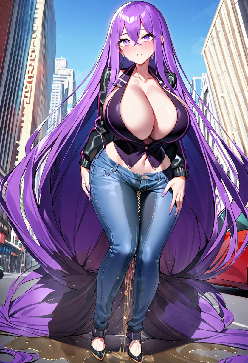 (masterpiece:1.37), best quality, (extremely detailed:1.37), woman, (very long hair:1.5), dark purple hair, purple eyes, (extremely detailed eyes:1.37), (wetting self:1.75), large breasts, stylish jacket, multicolored jackt, jeans, cleavage, navel, city, high-tech, street