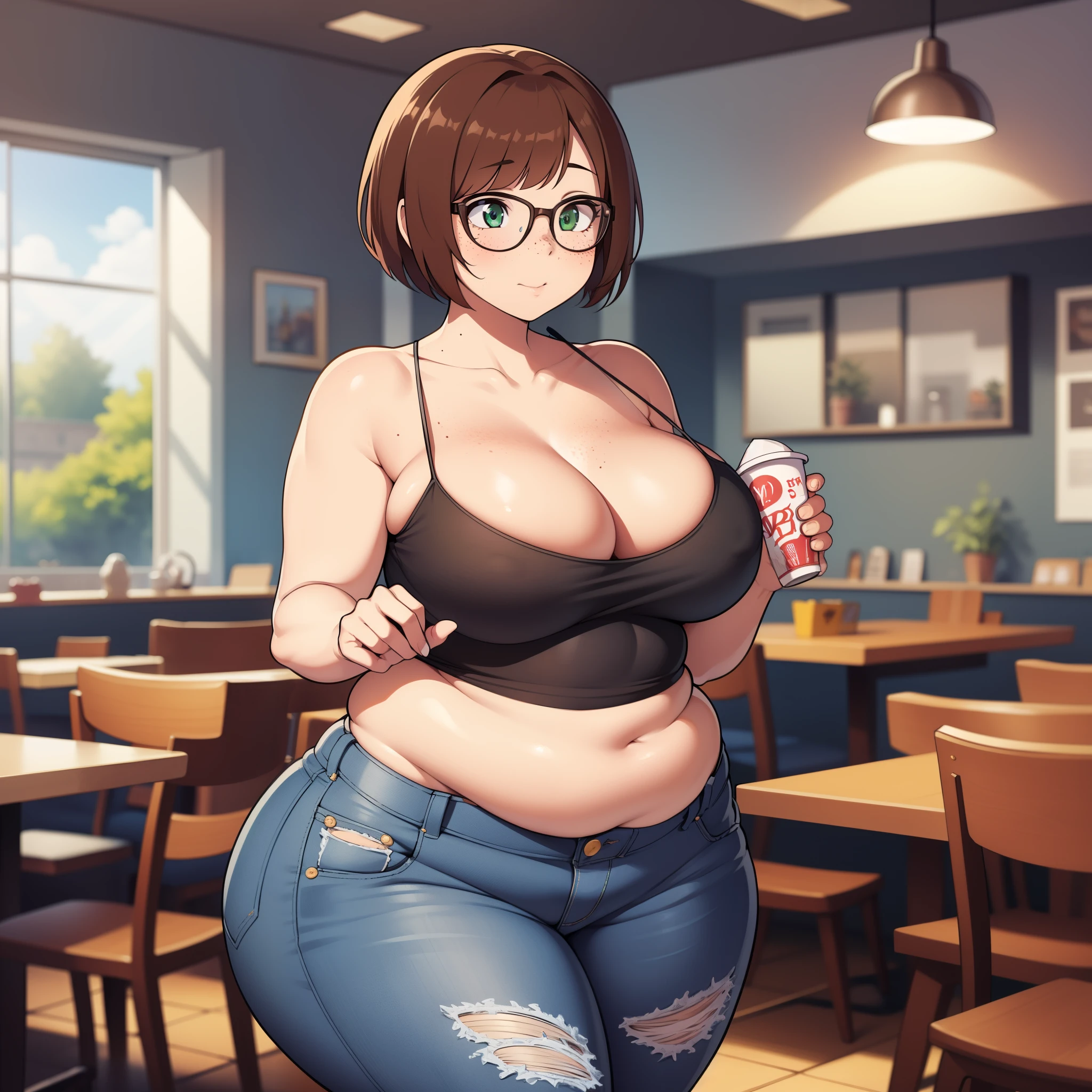 ((highres)), Masterpiece, high quality, best quality, beautiful, perfect lighting, detailed face, ultra cute face, full body, (cowboy shot), ((1girl)), ((solo)), skindentation, orange short hair, green eyes, glassess, freckles, jeans, tank top, thighs clothes, full body, standing in a fast food restaurant, table full of food, intricate background, medium breasts, perky breasts, cleavage, ((wide hips)), (((thick thighs))), ((plump)), pudgy belly, fat folds, belly hang,