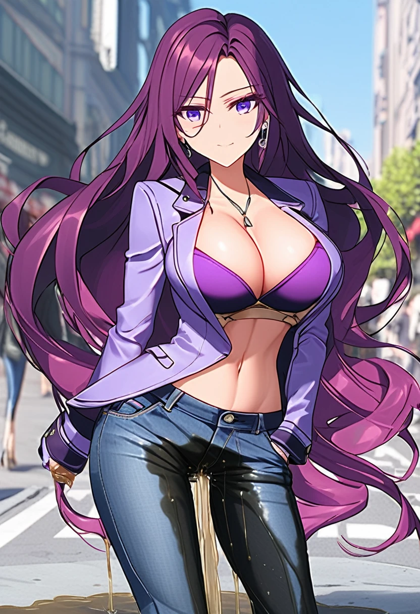 (masterpiece:1.37), best quality, (extremely detailed:1.37), woman, (very long hair:1.5), dark purple hair, purple eyes, (extremely detailed eyes:1.37), (wetting self:1.75), large breasts, stylish jacket, multicolored jackt, jeans, cleavage, navel, city, high-tech, street