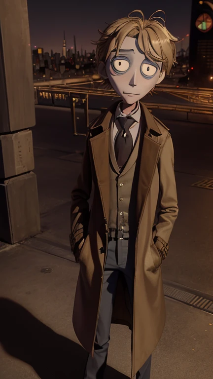best quality,masterpiece,1boy,solo,(((13years old))),japanese boy,an extremely cute and handsome boy,highly detailed beautiful face and eyes,petit,cute face,lovely face,baby face,shy smile,show teeth, Blonde hair,short hair,flat chest,skinny,slender,(((wearing John Constantine costume,brown Trench Coat))),(((standing in Tim Burton Animation style metropolis city))),he is looking at the viewer,