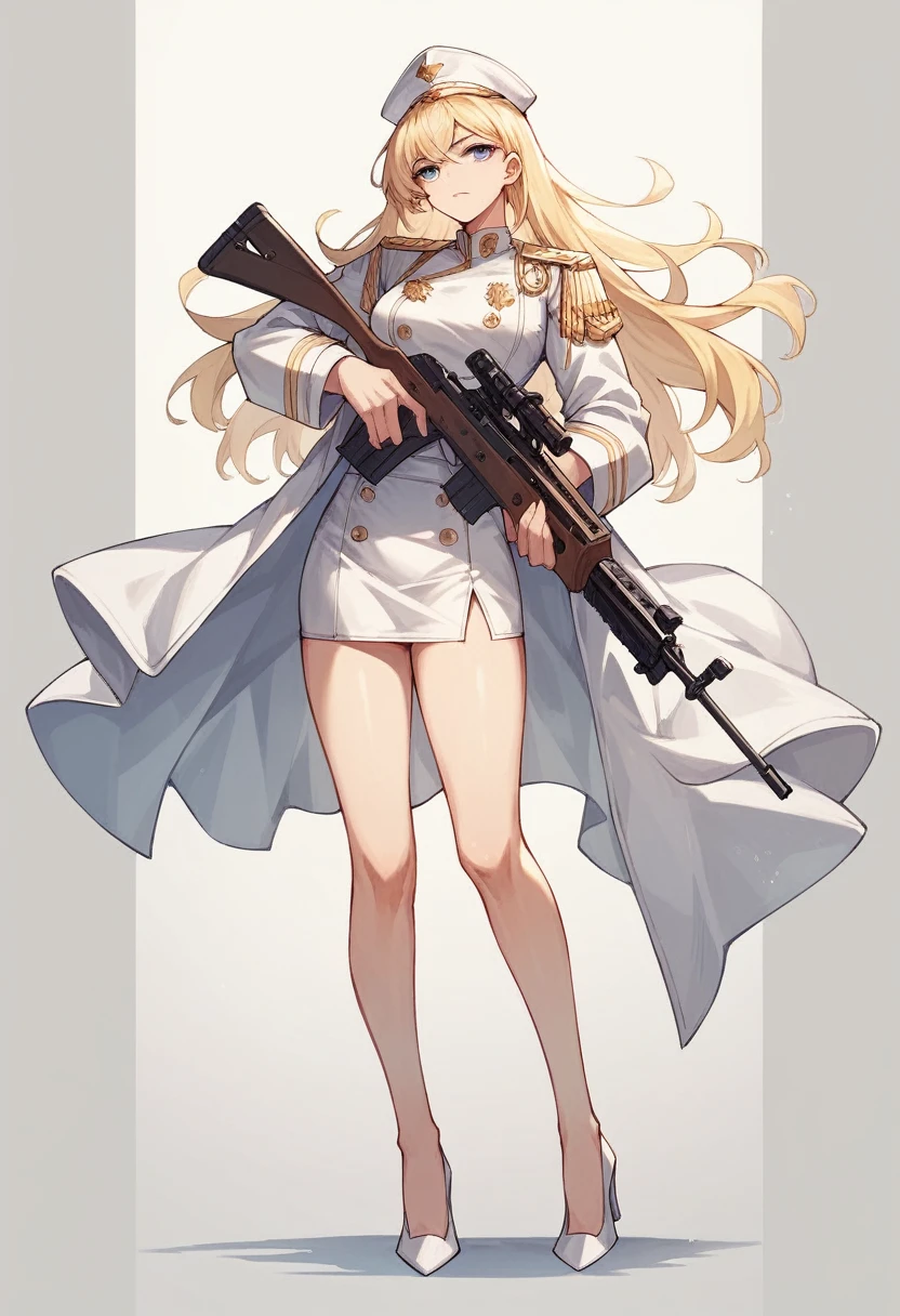 commander anime girl, white commander clothes, very short white skirt, white commander hat, white high-heeled shoes, 18 years old, blonde hair, blue eyes, full body, automatic rifle made of gold in her hands, 8K image quality