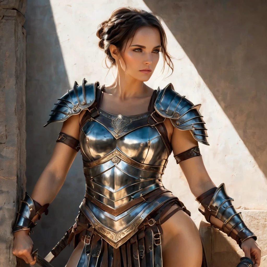 smooth lines, Express expressions and postures through ink contrast, The background is simple. emphasize light, shadow and space. ((full body):1.3), Drawing of Mature beauty. ((Detailed eye):1.3),((fresh)), wearing gladiator armor, painting, (best quality,4K,8k,high resolution,masterpiece:1.2),Super detailed,(actual,photoactual,photo-actual:1.37).