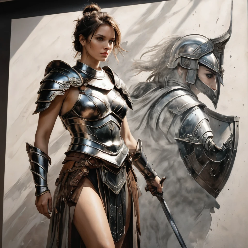 smooth lines, Express expressions and postures through ink contrast, The background is simple. emphasize light, shadow and space. ((full body):1.3), Drawing of Mature beauty. ((Detailed eye):1.3),((fresh)), wearing gladiator armor, painting, (best quality,4K,8k,high resolution,masterpiece:1.2),Super detailed,(actual,photoactual,photo-actual:1.37).