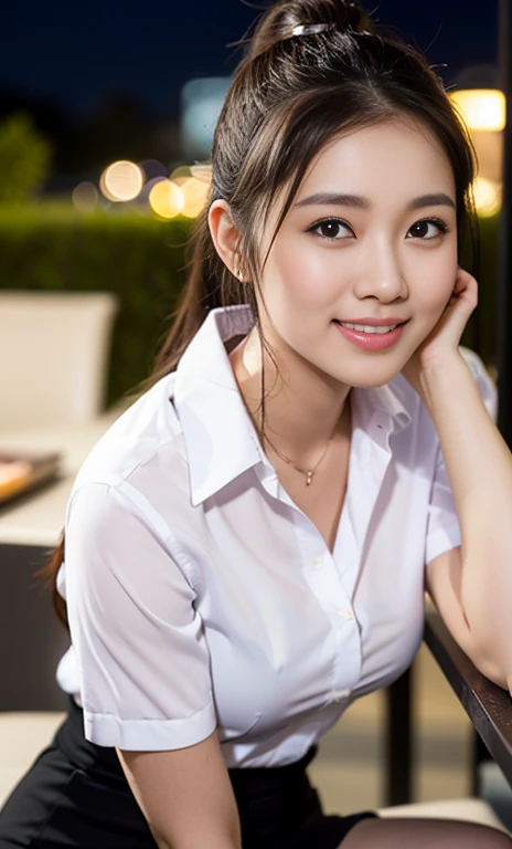 (a gorgeous lady, age 22, Formal Office Lady, white shirt and mini-skirt, natural pose under night sky, dimpled smile, short ponytail, cute snaggletooth, ample round bosom, photorealistic, beautiful detailed eyes, beautiful detailed face, hyper-realism, high contrast, ultra HD, realistic skin textures, top image quality, top-quality, super high resolution, fine details, very meticulously, high angle shot, bokeh background)