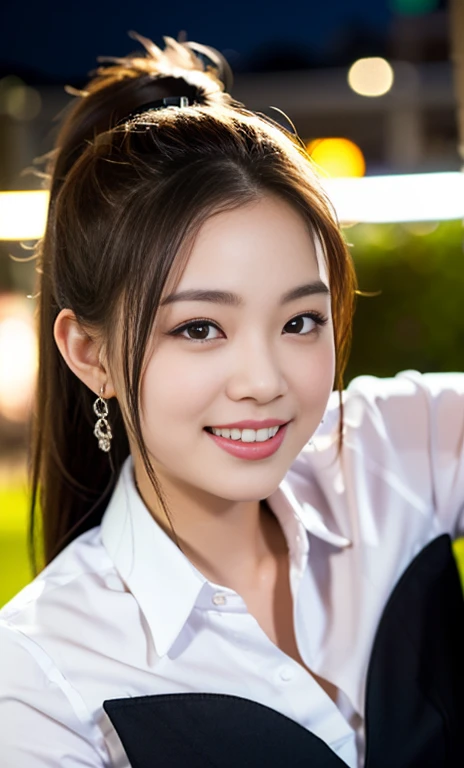 (a gorgeous lady, age 22, Formal Office Lady, white shirt and mini-skirt, natural pose under night sky, dimpled smile, short ponytail, cute snaggletooth, ample round bosom, photorealistic, beautiful detailed eyes, beautiful detailed face, hyper-realism, high contrast, ultra HD, realistic skin textures, top image quality, top-quality, super high resolution, fine details, very meticulously, high angle shot, bokeh background)