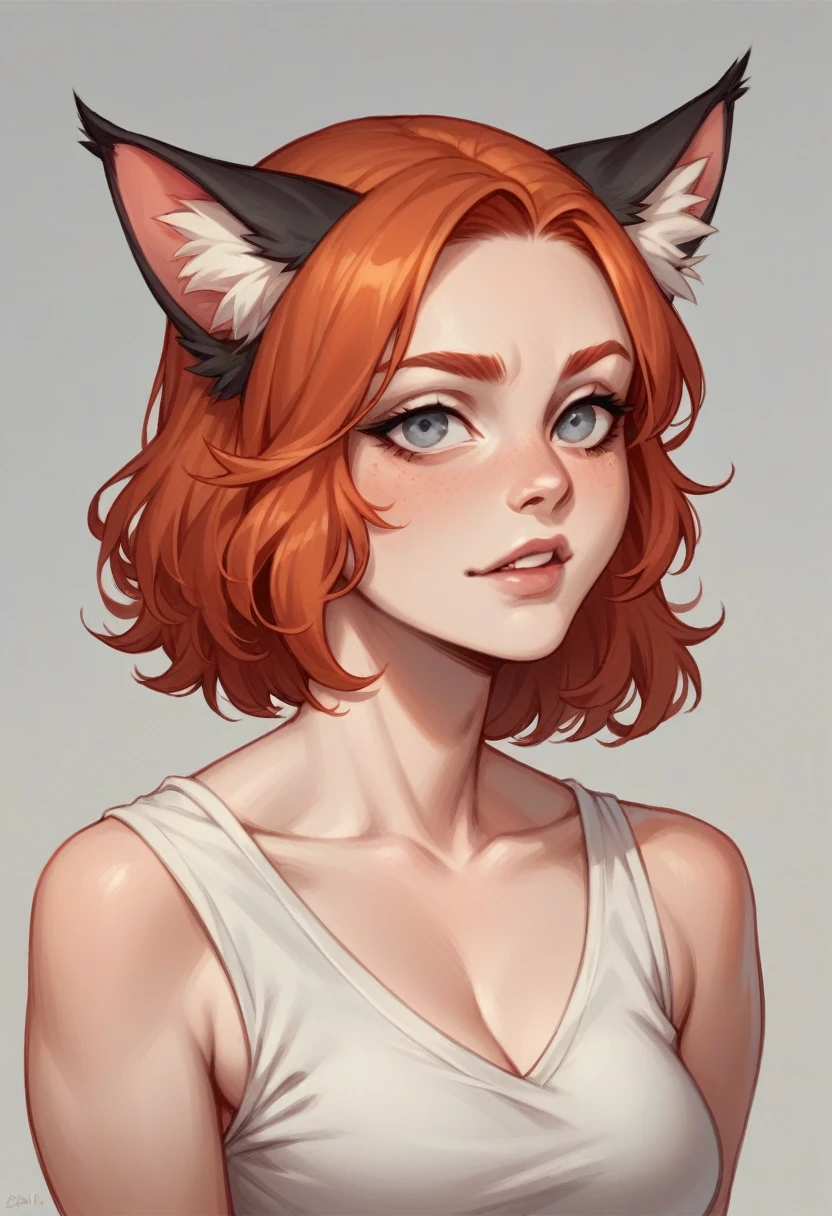 Redhead woman with perfectly ironed straight hair, extremely white and deep gray feline eyes