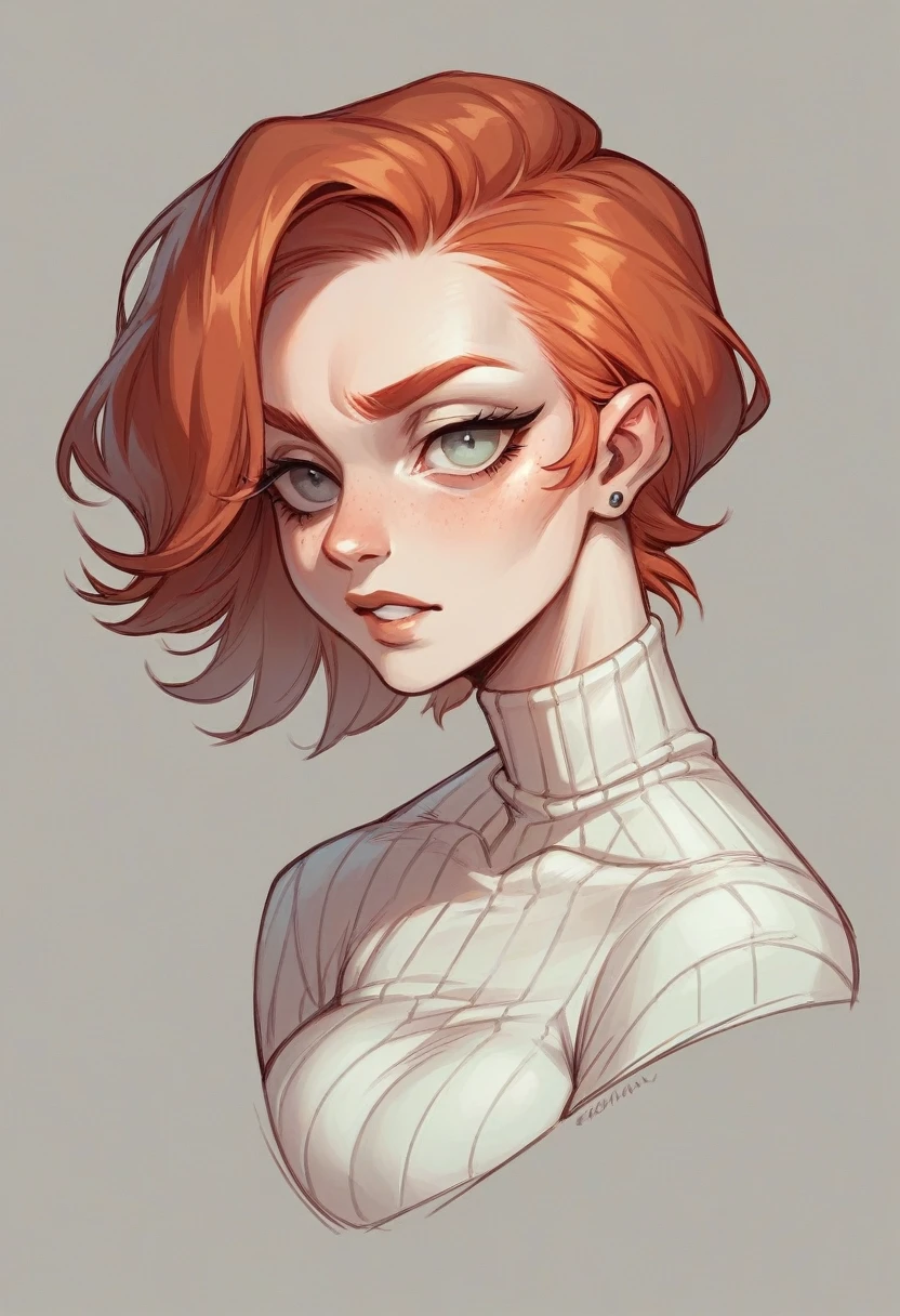 Redhead woman with perfectly ironed straight hair, extremely white and deep gray feline eyes 