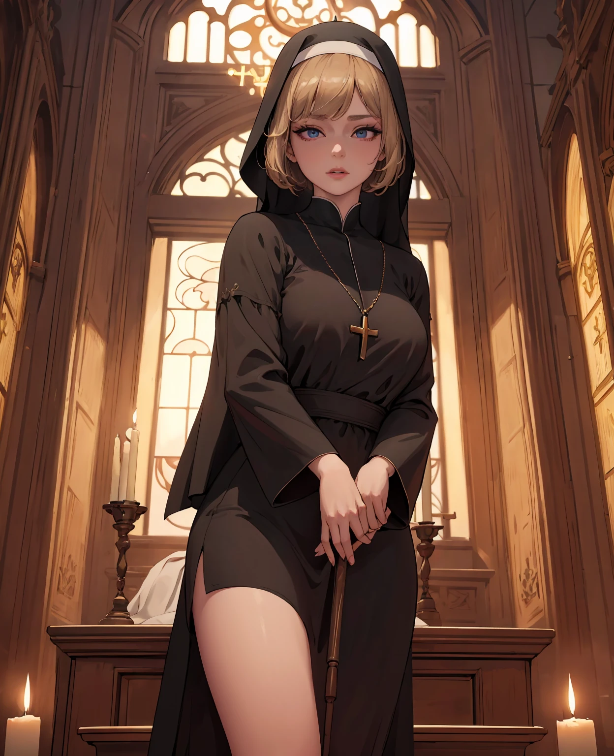 Ella freya as nun, detailed portrait, beautiful detailed eyes, beautiful detailed lips, extremely detailed face, longeyelashes, nun habit, ornate interior, church interior, dramatic lighting, intricate details, glowing candles, (best quality,4k,8k,highres,masterpiece:1.2),ultra-detailed,(realistic,photorealistic,photo-realistic:1.37),oil painting,cinematic,dramatic shadows,chiaroscuro,rich colors,warm tones