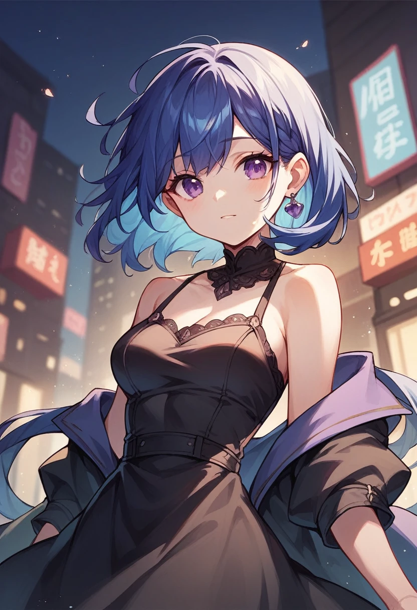 cute woman black dress purple eyes long dark blue hair city