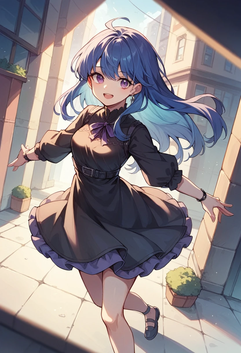 cute woman black dress purple eyes long dark blue hair city