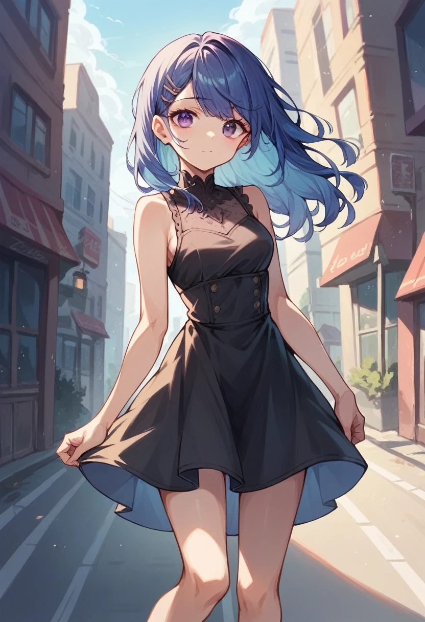 cute woman black dress purple eyes long dark blue hair city