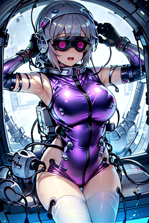 1 Girl, whole body, (space helmet):10,He has a large metal helmet on his head that covers his hair and eyes., tube, wire, She gets electrocuted, brainwashing,astrovest,bing_astronaut,blush,torogao,
