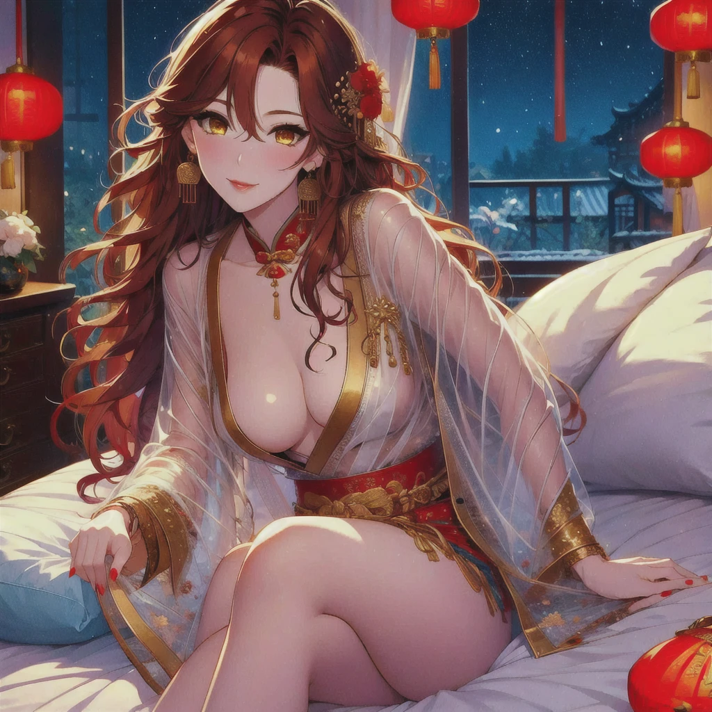 (masterpiece, best quality: 1.2), 1 female, Xian mei, individual golden eyes, long red curly hair, jewelry, perfect anatomy, traditional Chinese room, nude, nudity, sexy, hot, night, starry sky, night beautiful sky, bright stars,