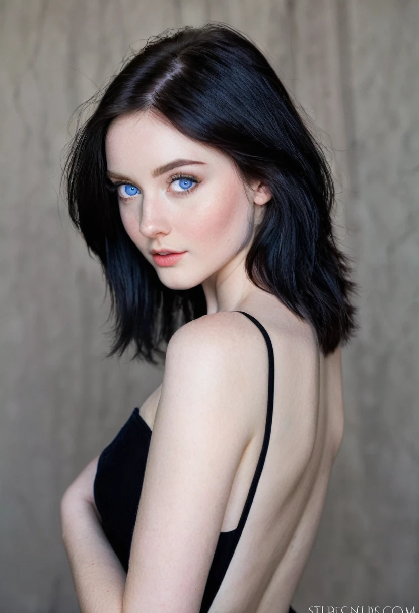 A lovely young woman with fair skin, blue eyes, and medium-length black hair
