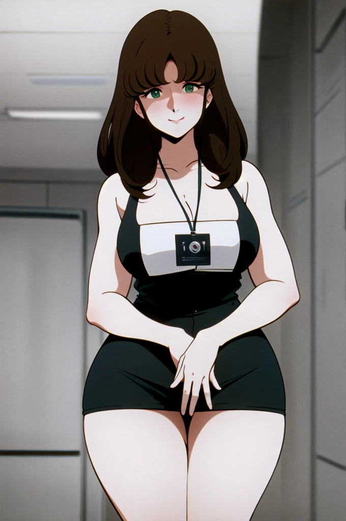 masterpiece,best quality,highres,Hayase Misa,brown long hair,green eyes,1girl,solo,1980s \(style\),retro artstyle,futoshi slim,smile,cowboy shot,looking at viewer,office, ,(masterpiece: 1.0), (best_quality: 1.0), (best quality:1.4),(shiny skin), body focus, (cute face), (((best quality))), illustration, ((Beautiful Finger)), , Beautiful body, Beautiful character design, ,perfect lighting, Colorful, Bright_Front_face_Lighting, ultra high res, highres, absurdres:1.2, bokeh:1.2, lens flare, (vibrant_color:1.2), (Beautiful, large breasts:1.2), (thick thighs:1.1), THICK, 
1lady standing, /(casual shirt/) (pencil skirt:1.1) /(id card lanyard/), (mature female) bangs, blush kind smile, (masterpiece best quality:1.2) delicate illustration ultra-detailed, large breast BREAK /(modern office indoors/), window skyscraper, look at viewer, sweet smile, black miniskirt