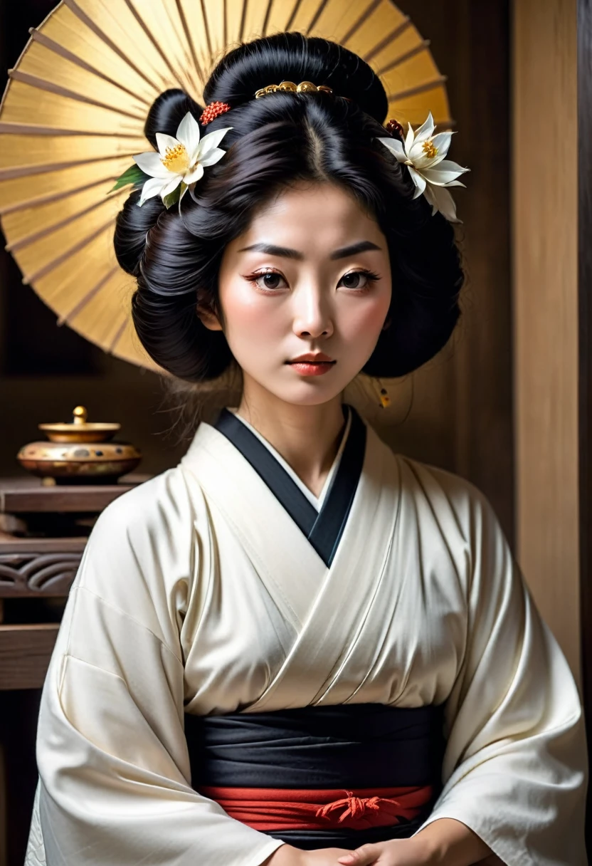 **Japanese Meditation Lady, Loves Awakening, Retro Nikon Photography, Caravaggio's Touch, -