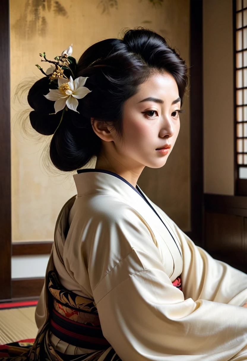 **Japanese Meditation Lady, Loves Awakening, Retro Nikon Photography, Caravaggio's Touch, -