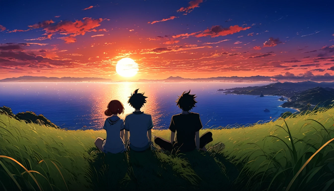 high quality, 8K Ultra HD. This image is、Depicts an anime boy and girl sitting on a grassy hill watching the ocean at sunrise。, Against the backdrop of vibrant blue skies and the red and orange hues of the sun. anime art wallpaper 4k, anime art wallpaper 4k, Anime Background, Anime Art Wallpapers 8K, Anime Art Background, anime landscape wallpapers, Awesome Wallpapers, high qualityの壁紙の定義,4K animated wallpaper,4K animated wallpaper,Art by Aries Moros,Art by Bob Byerly,Ashley Wood Art AI,Greg Rutkowski