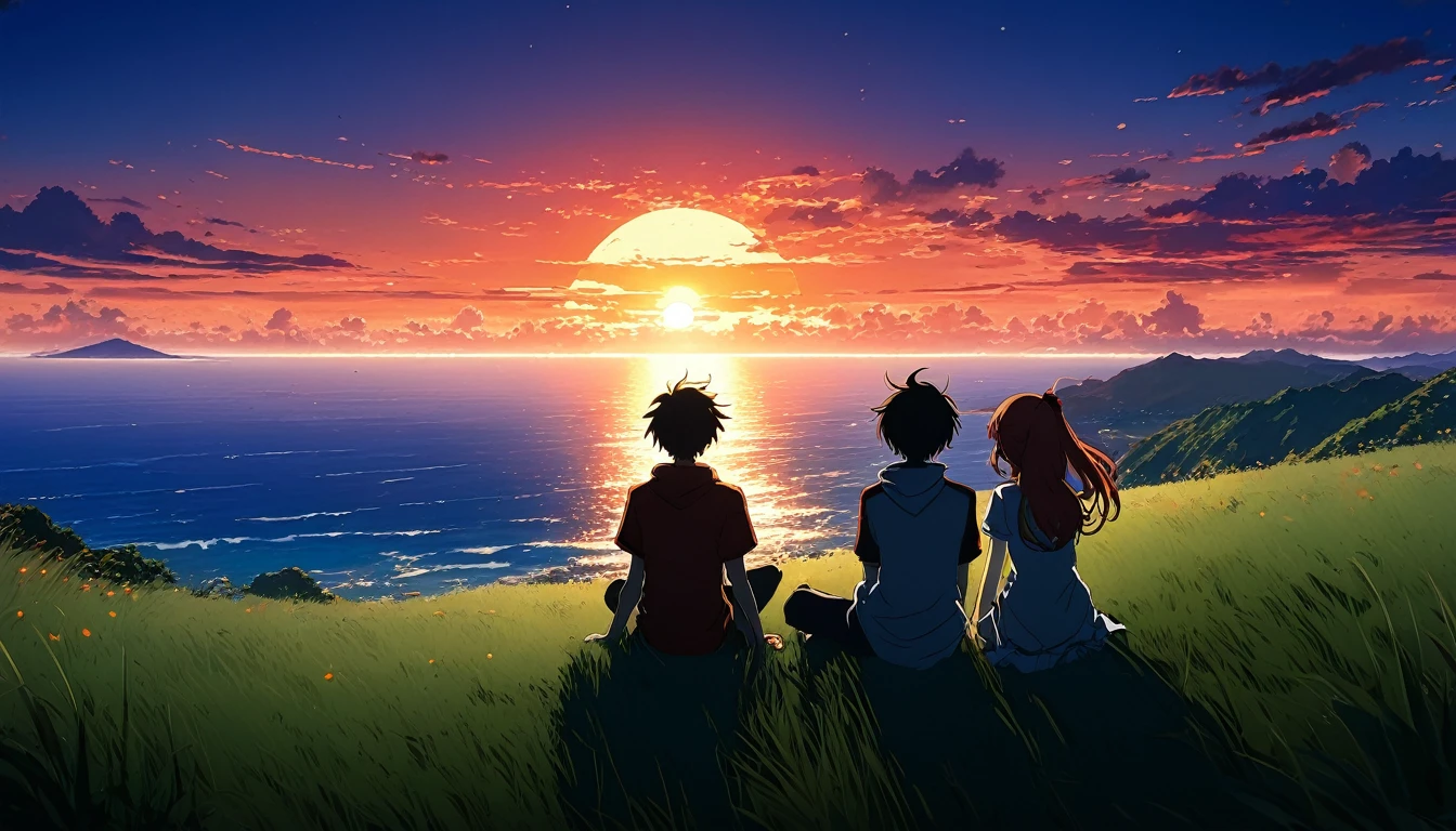 high quality, 8K Ultra HD. This image is、Depicts an anime boy and girl sitting on a grassy hill watching the ocean at sunrise。, Against the backdrop of vibrant blue skies and the red and orange hues of the sun. anime art wallpaper 4k, anime art wallpaper 4k, Anime Background, Anime Art Wallpapers 8K, Anime Art Background, anime landscape wallpapers, Awesome Wallpapers, high qualityの壁紙の定義,4K animated wallpaper,4K animated wallpaper,Art by Aries Moros,Art by Bob Byerly,Ashley Wood Art AI,Greg Rutkowski