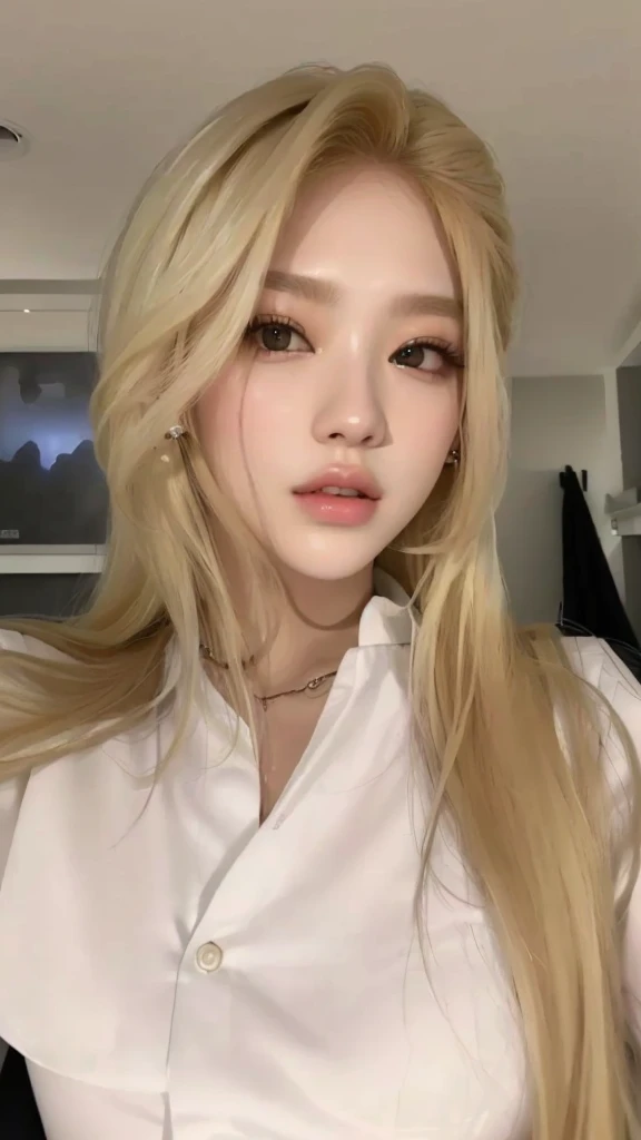 um close de uma mulher with long blonde hair vestindo uma camisa branca,  korean, ulzzang, with white long hair, pale round face, jossi do blackpink, very light blonde hair, A girl with blonde hair, adorable and pale korean face, linda mulher sul-korean, with long blonde hair, Jinyoung Shin, parque roseanne de blackpink