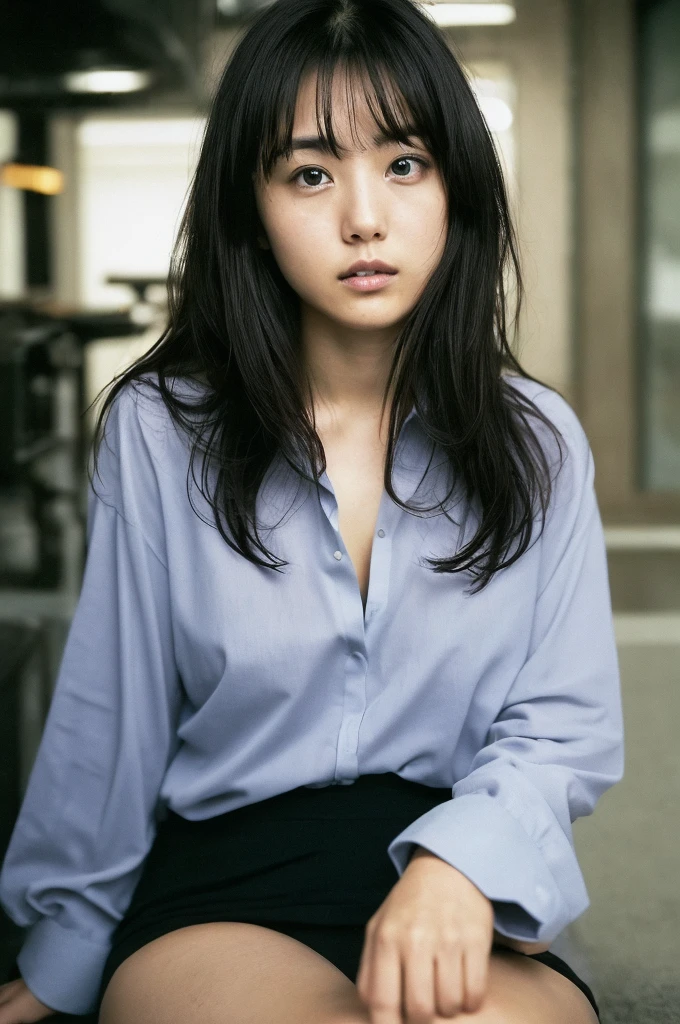 (((One girl,alone))),(Highly realistic photos, High resolution, Detailed face, Beautiful Eyes) Japanese women, 21 years old, Cute face, alone:1, Nice body, Plump figure, Medium chest, Narrow waist, Various Hair Styles, Very closely tied, Take a photo book,Thighs、Dark Sky、darkness、Blade Runner,shirt、walk