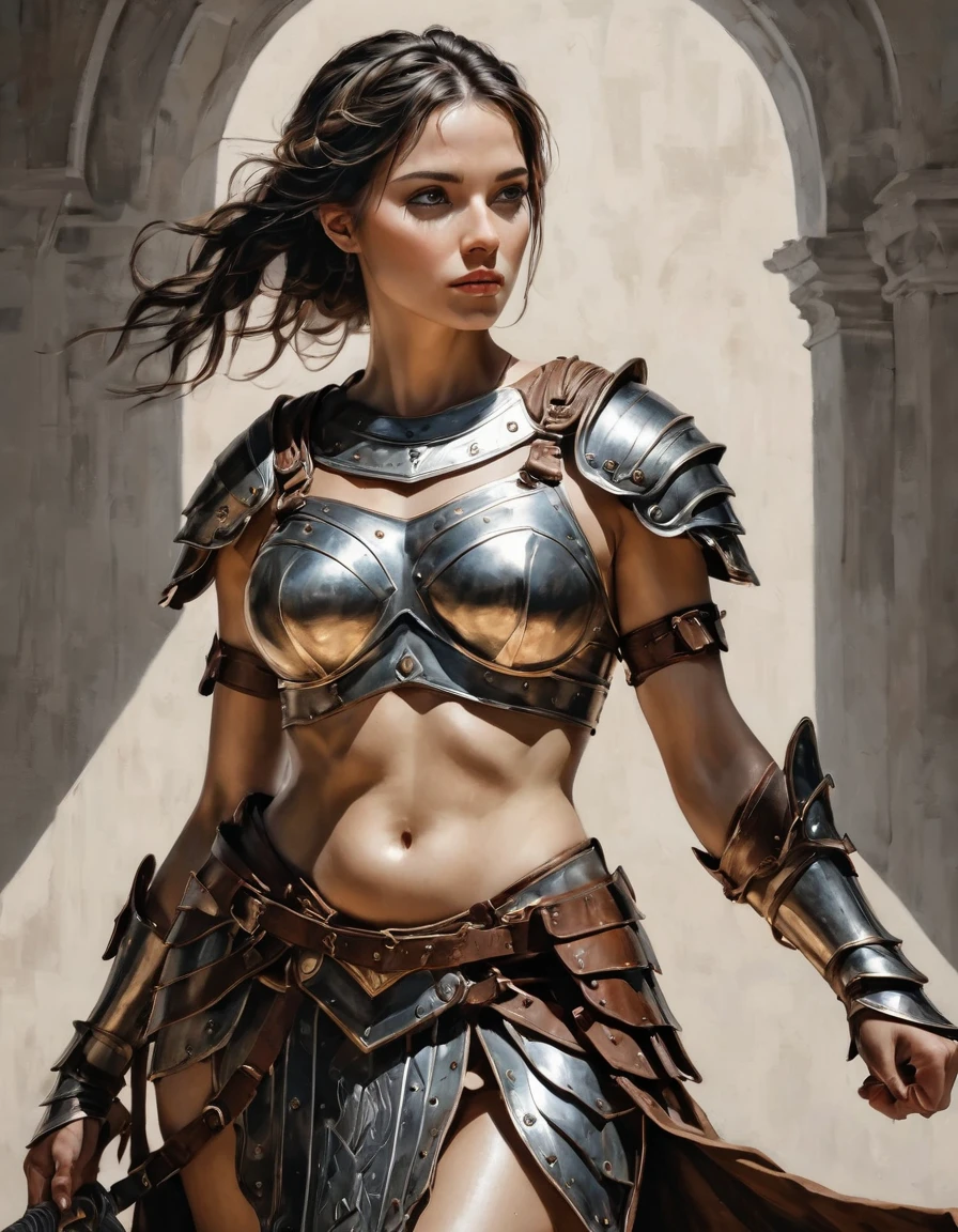 smooth lines, Express expressions and postures through ink contrast, The background is simple. emphasize light, shadow and space. ((full body):1.3), Drawing of Mature beauty. ((Detailed eye):1.3),((fresh)), wearing gladiator armor, painting, (best quality,4K,8k,high resolution,masterpiece:1.2),Super detailed,(actual,photoactual,photo-actual:1.37).