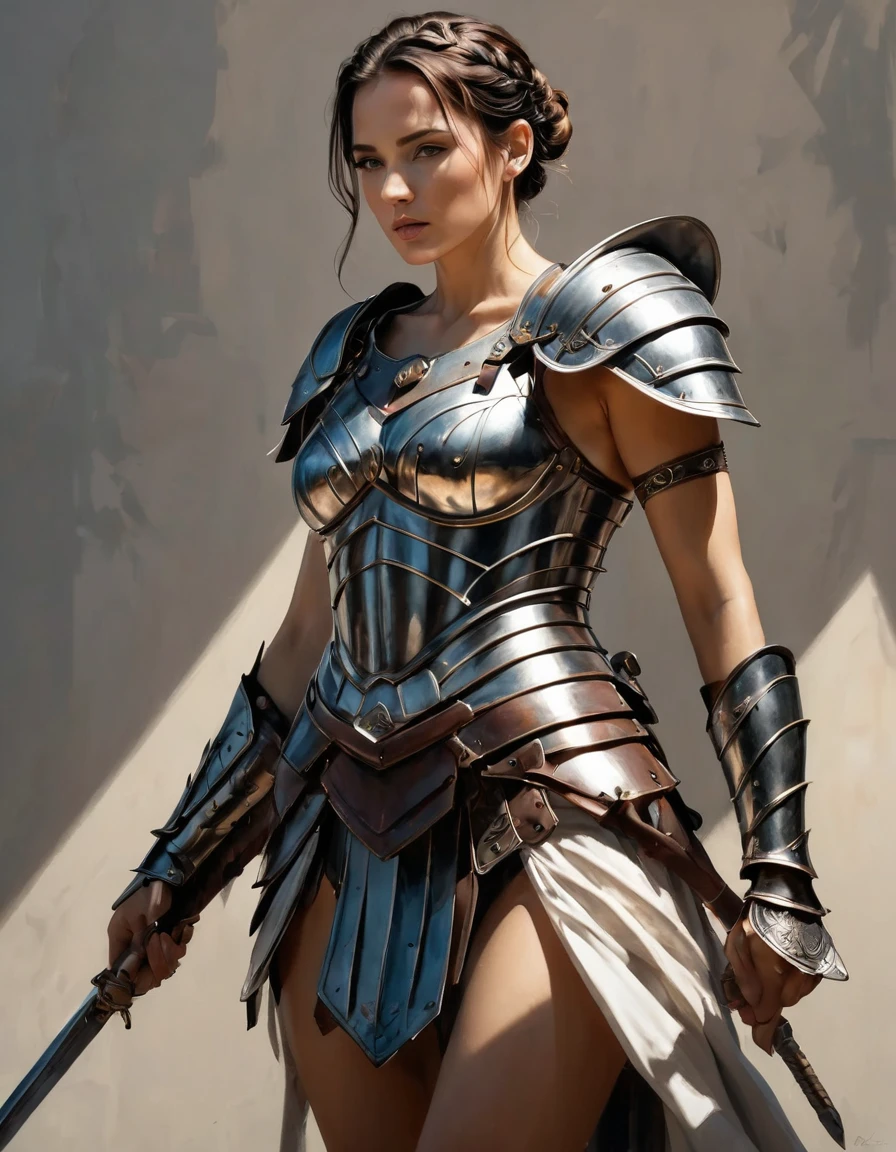 smooth lines, Express expressions and postures through ink contrast, The background is simple. emphasize light, shadow and space. ((full body):1.3), Drawing of Mature beauty. ((Detailed eye):1.3),((fresh)), wearing gladiator armor, painting, (best quality,4K,8k,high resolution,masterpiece:1.2),Super detailed,(actual,photoactual,photo-actual:1.37).