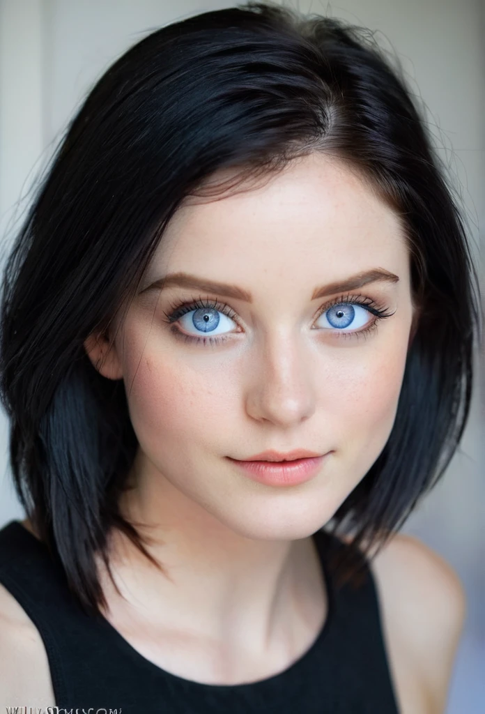 A lovely young woman with fair skin, blue eyes, and medium-length black hair