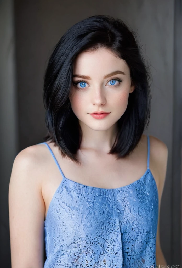 A lovely young woman with fair skin, blue eyes, and medium-length black hair