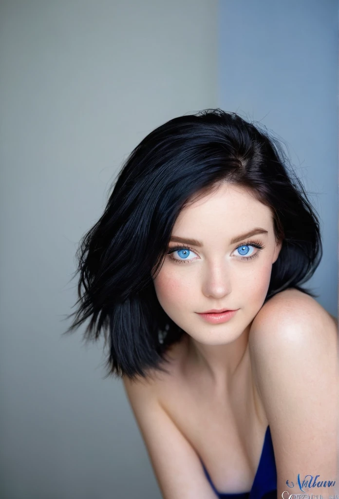 A lovely young woman with fair skin, blue eyes, and medium-length black hair