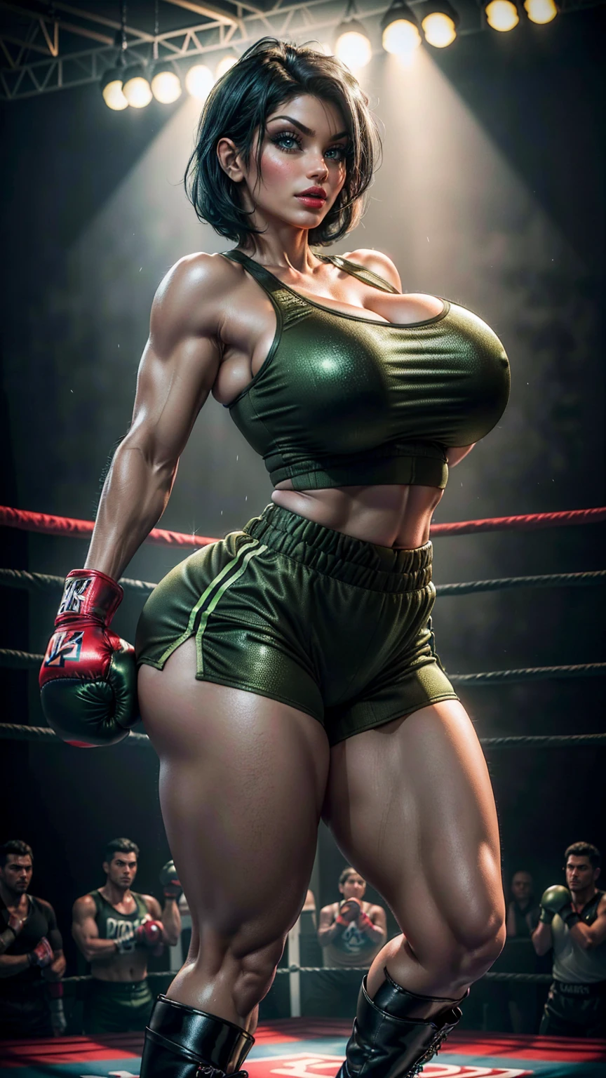 (best quality,highres:1.2), (ultra-detailed), (realistic:1.37), (HDR,UHD), (physically-based rendering), ((curvy thicc mature Denise Milani)), ((olive green boxing shorts:1.3)), ((sexy boxing shorts:1.3)), (boxing boots), ((short, straight jet-black hair:1.4)), (tiny waist), ((thicc:1.3)), ((firm perfectly round butt:1.3)), ((beautiful large green eyes):1.3), ((standing pose in a boxing ring)), (full-body portrait), (vivid colors), (metallic textures), (hot red lips, makeup:1.3), (straight, short jet-black hair), sexy fighter, prominent breasts, rock solid breasts, missile shaped breasts that defy gravity, big_boltedontits, boltedontits, sakimichan, th3p1t,