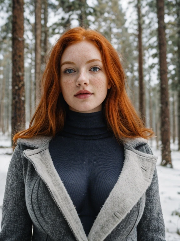 (1 girl in, 24 years old, Solo, Aesthetic artwork, redhead, wavy red hair, shoulder-length red hair, light gray eyes, some small freckles, pale skin, C cup, sexy body, full body, sitting on the log (((big breasts))) (textured skin, skin pores: 1.1), perfect skin, goosebumps, black jacket navy blue leggings, in a clearing looking at the Rocky Mountains, early winter, snow, mountains, blurred background, (facing camera, looking away: 1.25), (extremely detailed 8k wallpaper), (strong lighting), high quality, film grain, sharp focus Fujifilm XT3, f 5.6 , 50mm, high detail, sharp focus, (natural light), crazy details, complex details, hyper detailed