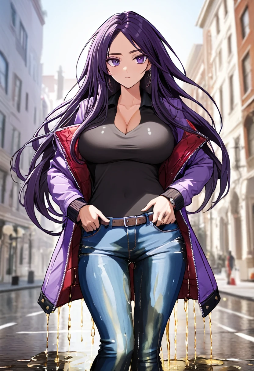 (masterpiece:1.37), best quality, (extremely detailed:1.37), woman, (very long hair:1.5), dark purple hair, purple eyes, (extremely detailed eyes:1.37), (wetting self:1.75), large breasts, stylish jacket, multicolored jackt, jeans, cleavage, navel, city, high-tech, street