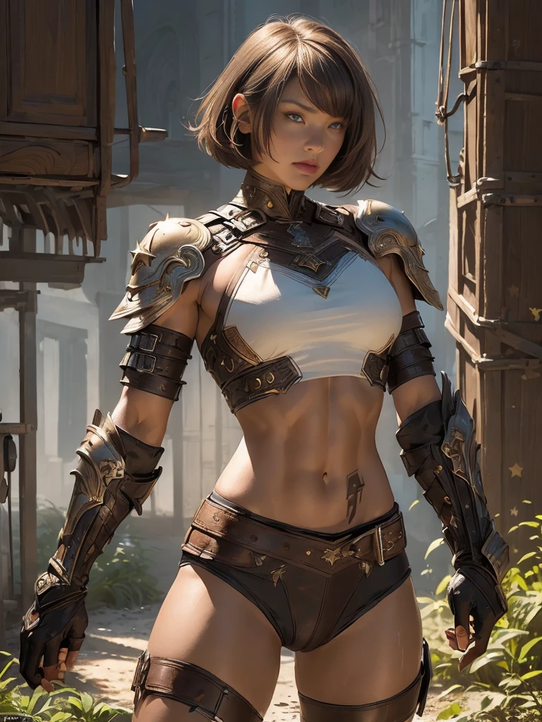 (((of the highest quality: 1.4))),(unparalleled masterpiece ever), (Ultra high definition),(Ultra realistic 8K CG), (((adult body))), (((1girl in))), ((( Bob Shorthair ))), Gladiators with perfect bodies,,Beautiful and well-groomed face,muscular body:1.4,Detailed breastplate, gauntlets、is standing, (Image from head to thigh),(( Light Brown Bob Shorthair )),, Simon Bisley's urban savage style,Detailed ancient Roman background,Clean abs, Complex equipment, Dark brown with white stars and gray and white stripes,,,s Armor, Poison tattoo