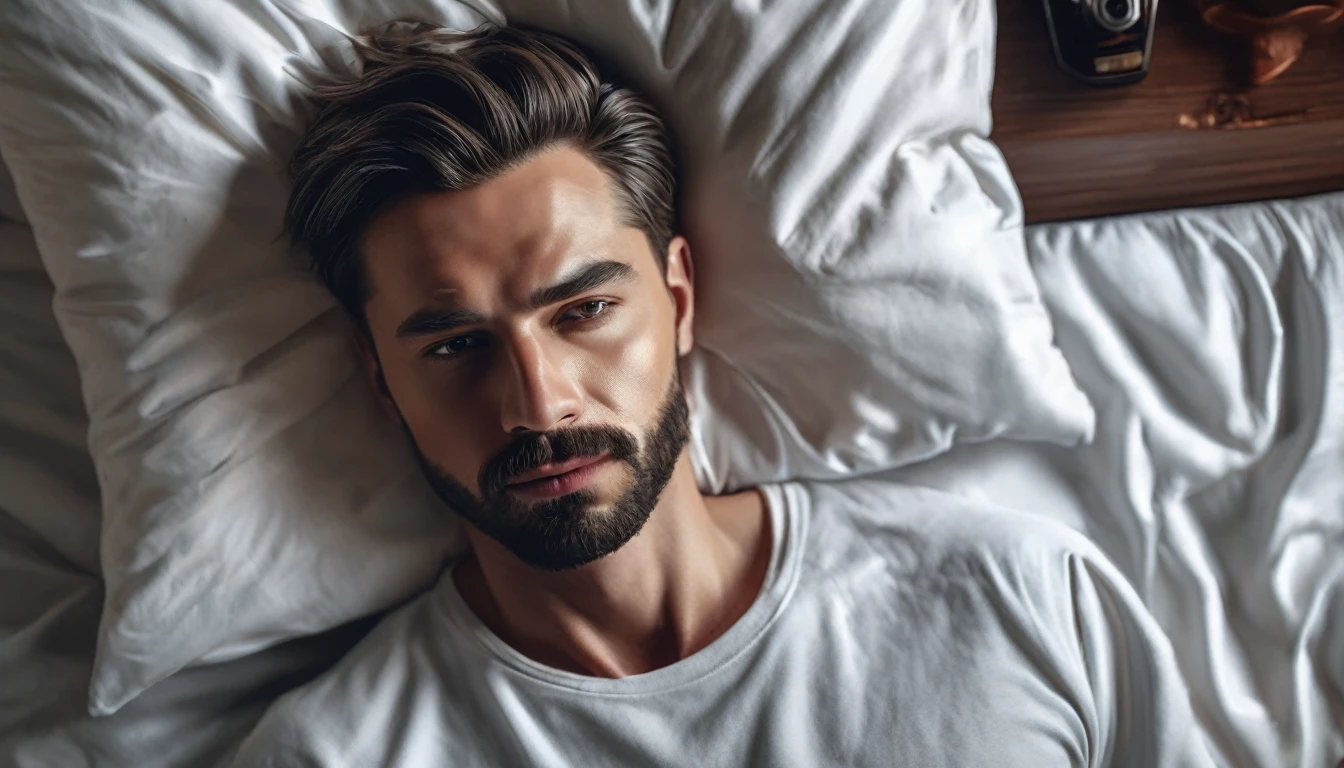 A man laying on bed, top view, head on pillow, realistic photoshoot, 8K, perfect anatomy, hyper realism