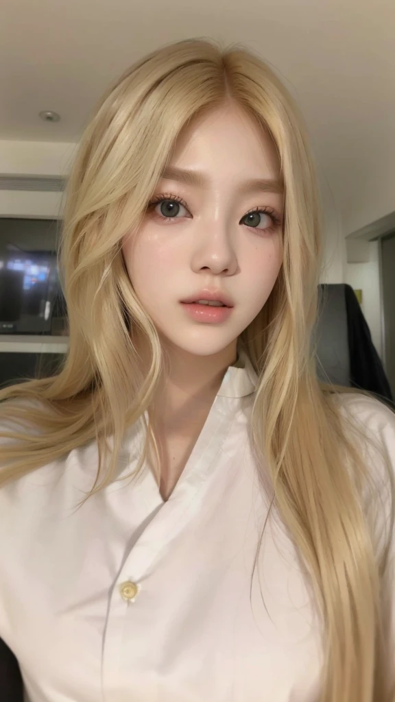 um close de uma mulher with long blonde hair vestindo uma camisa branca,  korean, ulzzang, with white long hair, pale round face, jossi do blackpink, very light blonde hair, A girl with blonde hair, adorable and pale korean face, linda mulher sul-korean, with long blonde hair, Jinyoung Shin, parque roseanne de blackpink